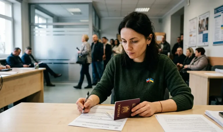 Frau mit ukrainischem Pass beim Ausfüllen von Aufenthaltsdokumenten in einem polnischen Gemeindebüro - Gesetz über die Legalisierung des Aufenthalts ukrainischer Bürger in Polen im Jahr 2026.