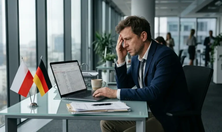 Ein gestresster Geschäftsmann im Büro sieht einen E-Mail-Posteingang voller unerwünschter Nachrichten durch - auf seinem Schreibtisch polnische und deutsche Flaggen und juristische Dokumente